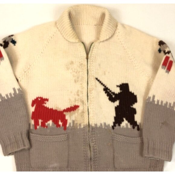 Vintage Cowichan Knitted Zip Sweater Hunter Dog Hunting Pheasant Talon Zipper - Picture 3 of 11
